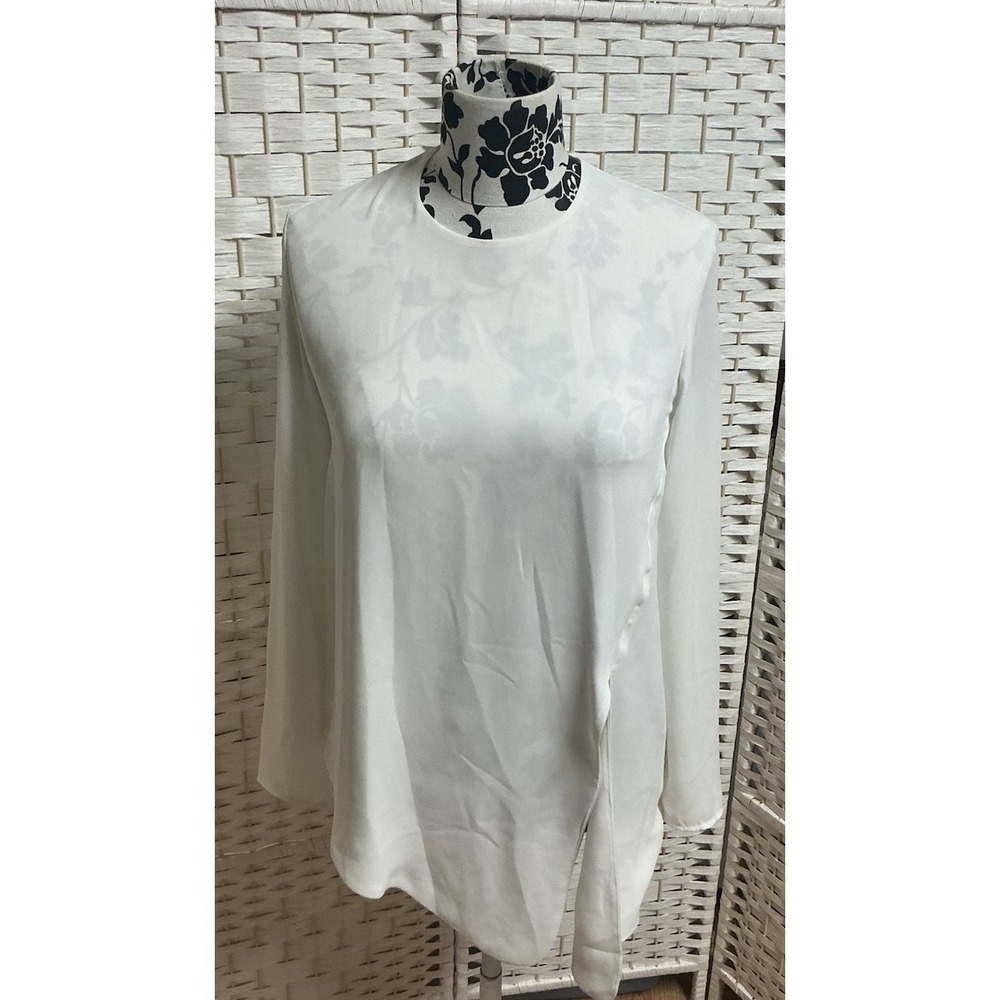 Babaton Aritzia S White Semi-Sheer Long Sleeve Hi-Low Hem Back Zip Blouse Shirt